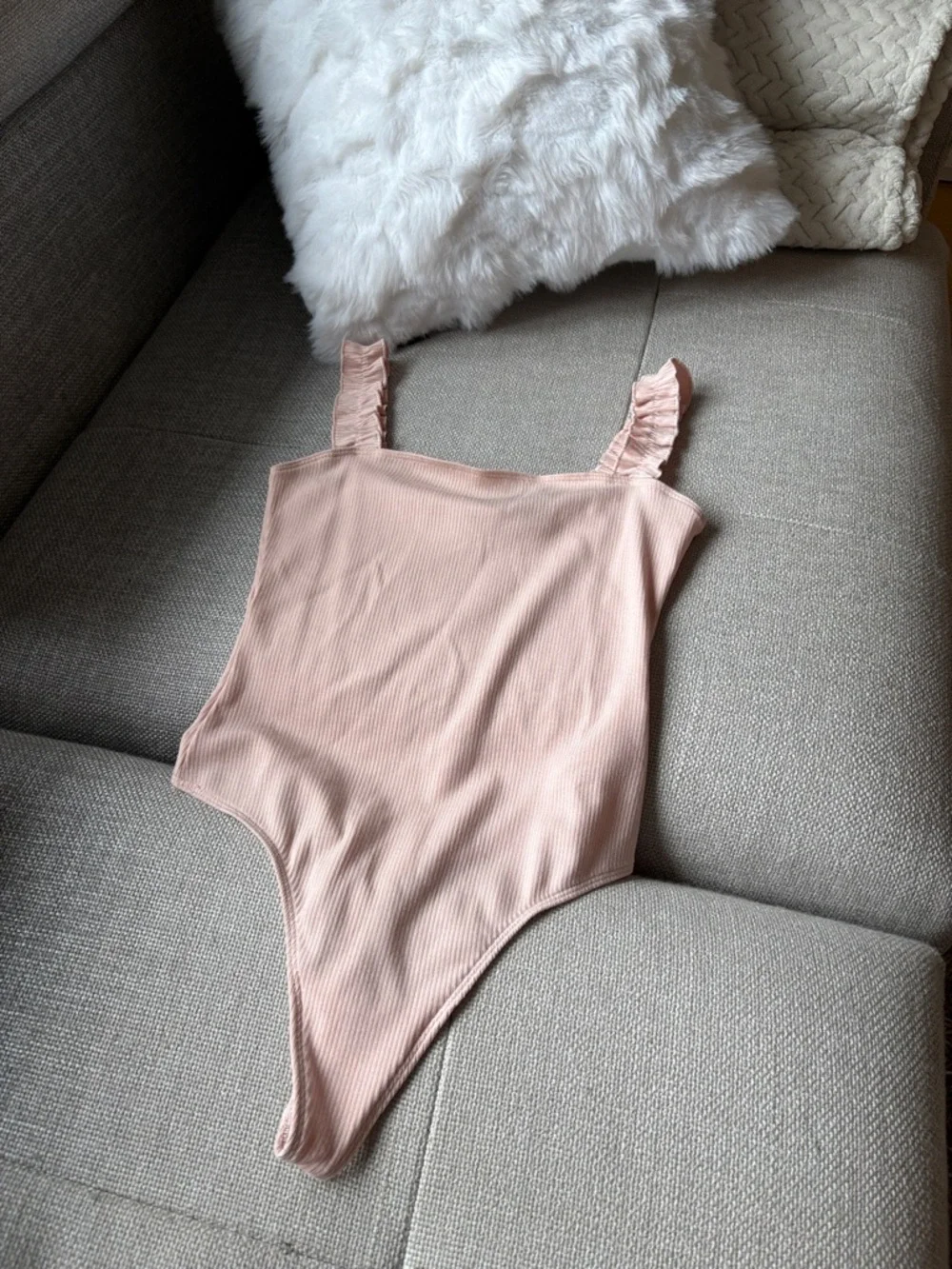 Sunday Best Soft Pink Ribbed One-Piece with Ruffle Straps - Picture 2 of 8
